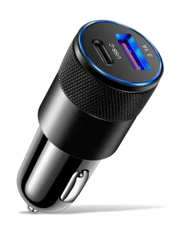 chargeur allume cigare 1 usb c et 1usb avec lumiere bleue
